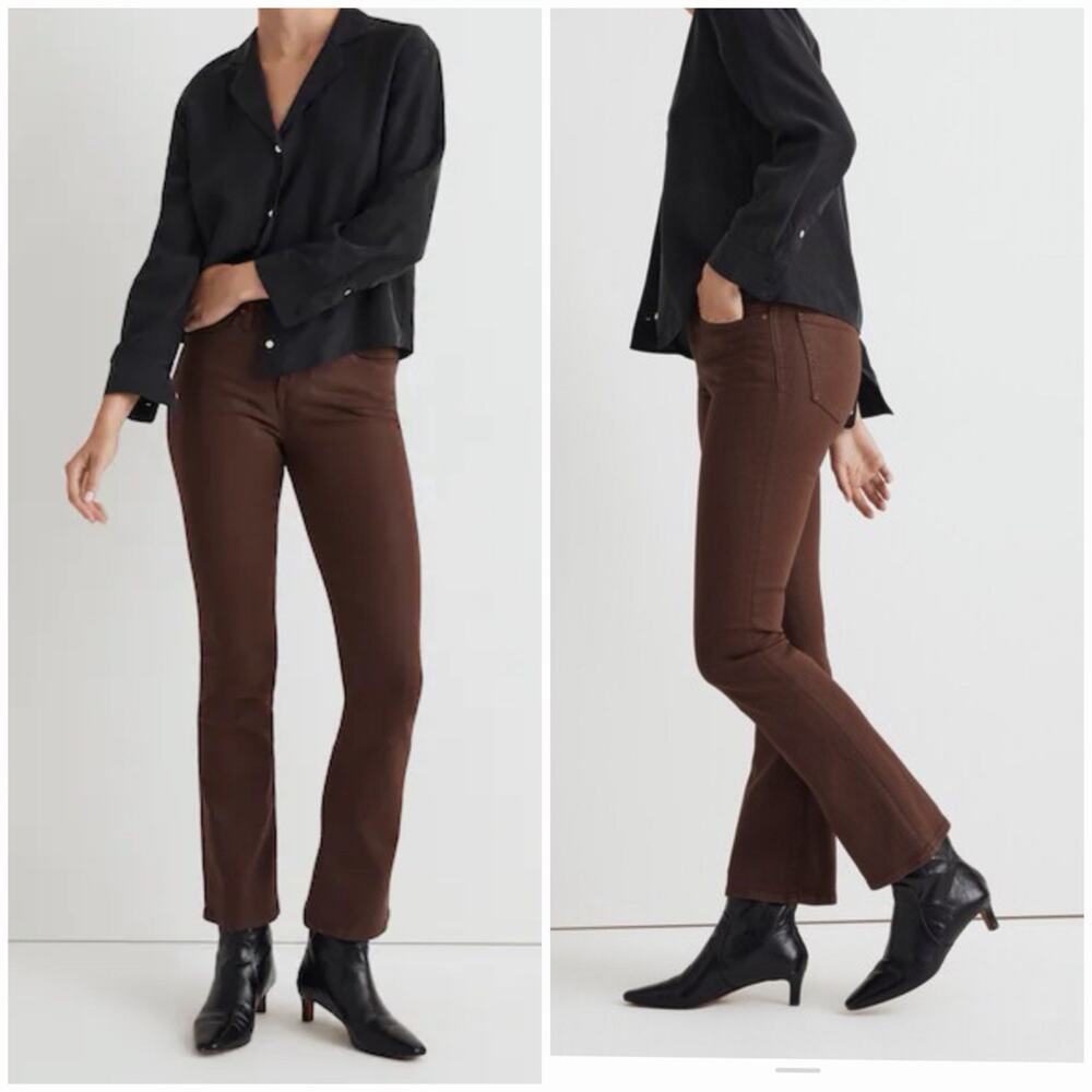 Madewell W31 Mid Rise Kick Out Coated Pants Brown Faux Leather Stretch Bootcut
